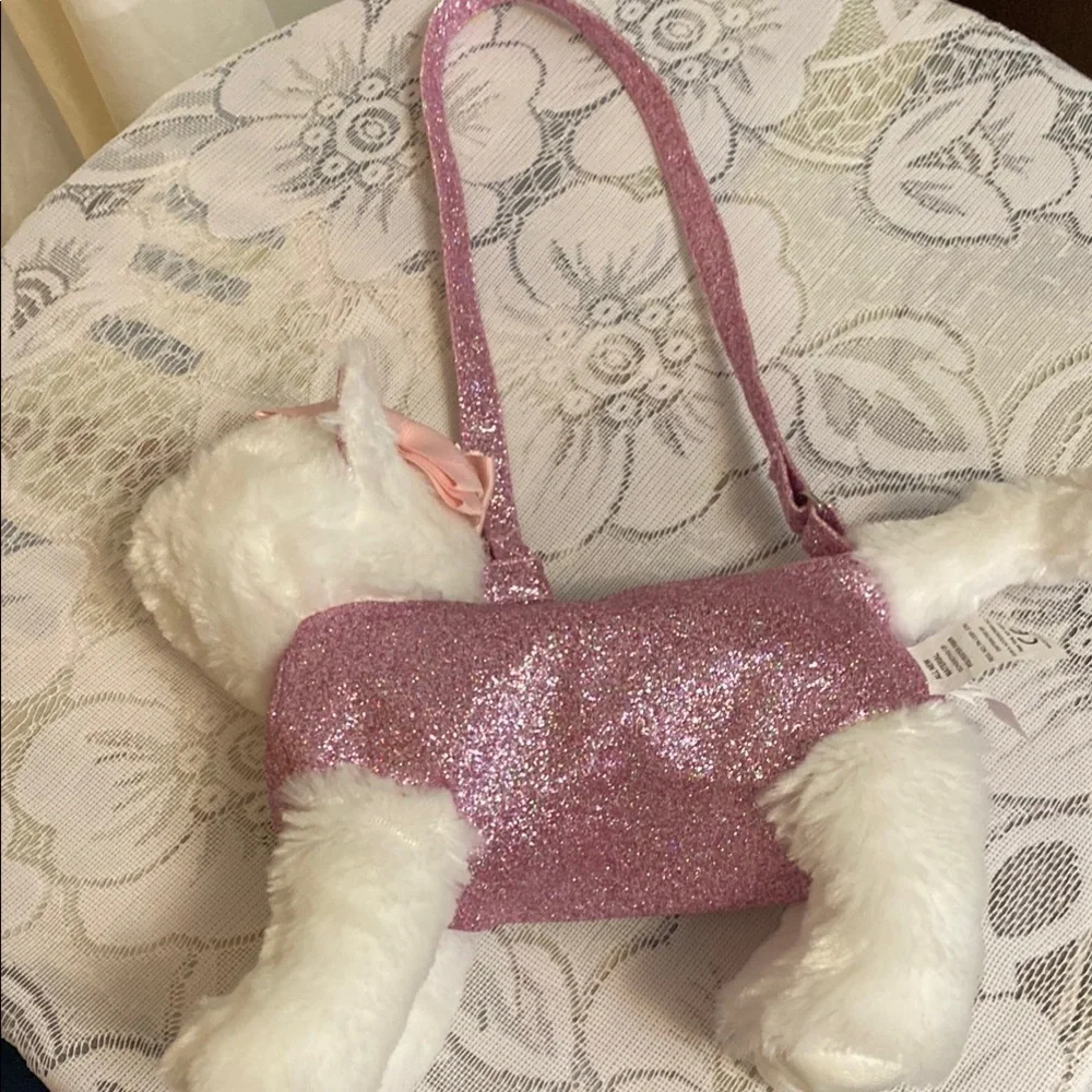 Pink Glitter Kids Stuffed Kitty Cat Zippered Plush Bling Purse